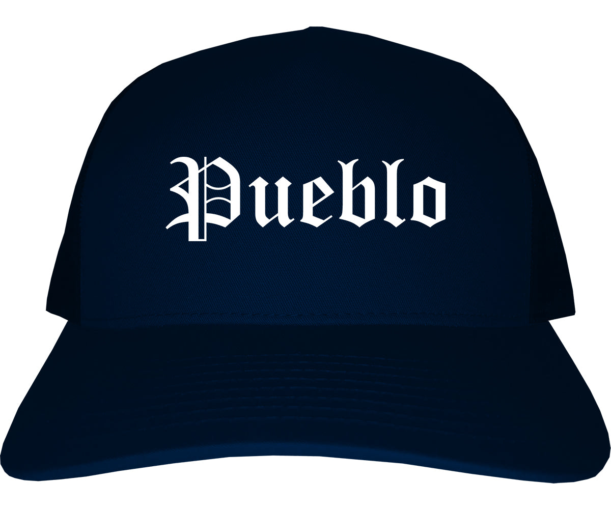 Pueblo Colorado CO Old English Mens Trucker Hat Cap Navy Blue