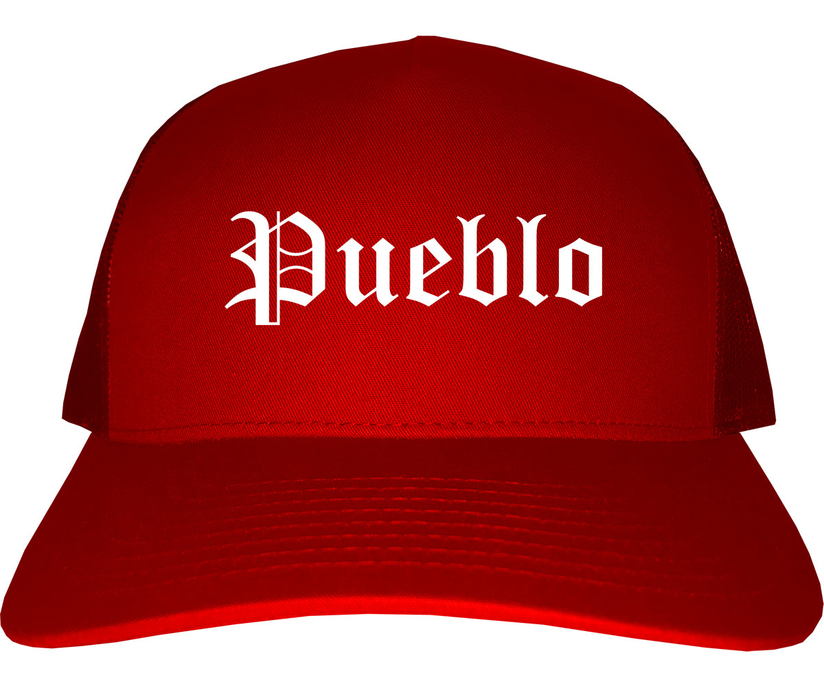 Pueblo Colorado CO Old English Mens Trucker Hat Cap Red