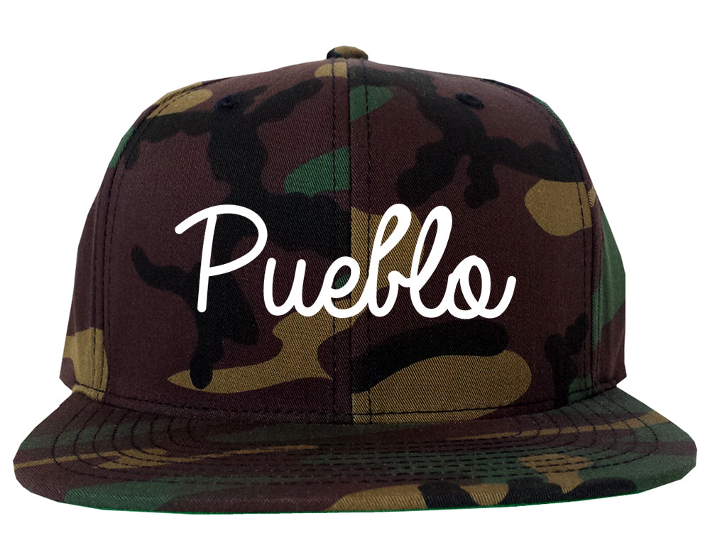 Pueblo Colorado CO Script Mens Snapback Hat Army Camo