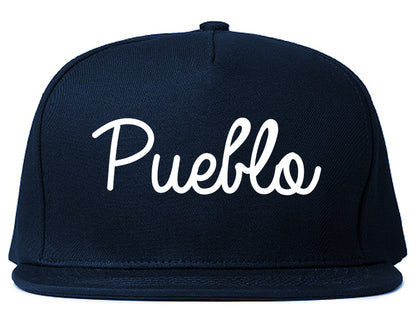 Pueblo Colorado CO Script Mens Snapback Hat Navy Blue