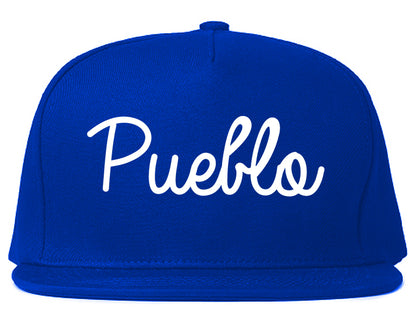Pueblo Colorado CO Script Mens Snapback Hat Royal Blue
