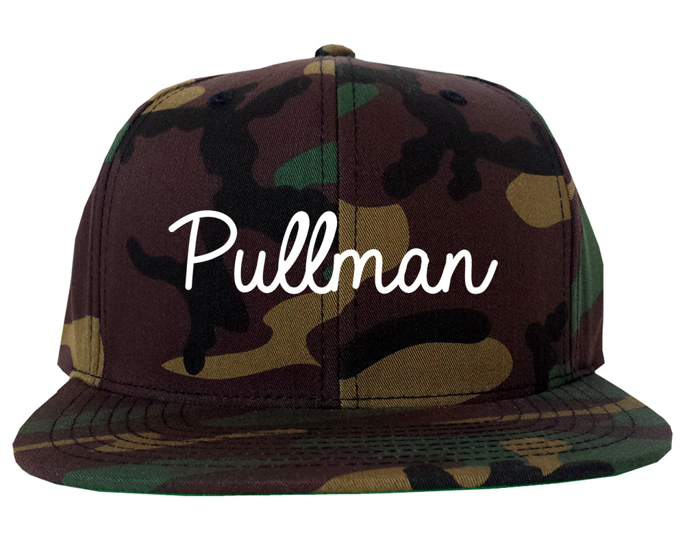 Pullman Washington WA Script Mens Snapback Hat Army Camo