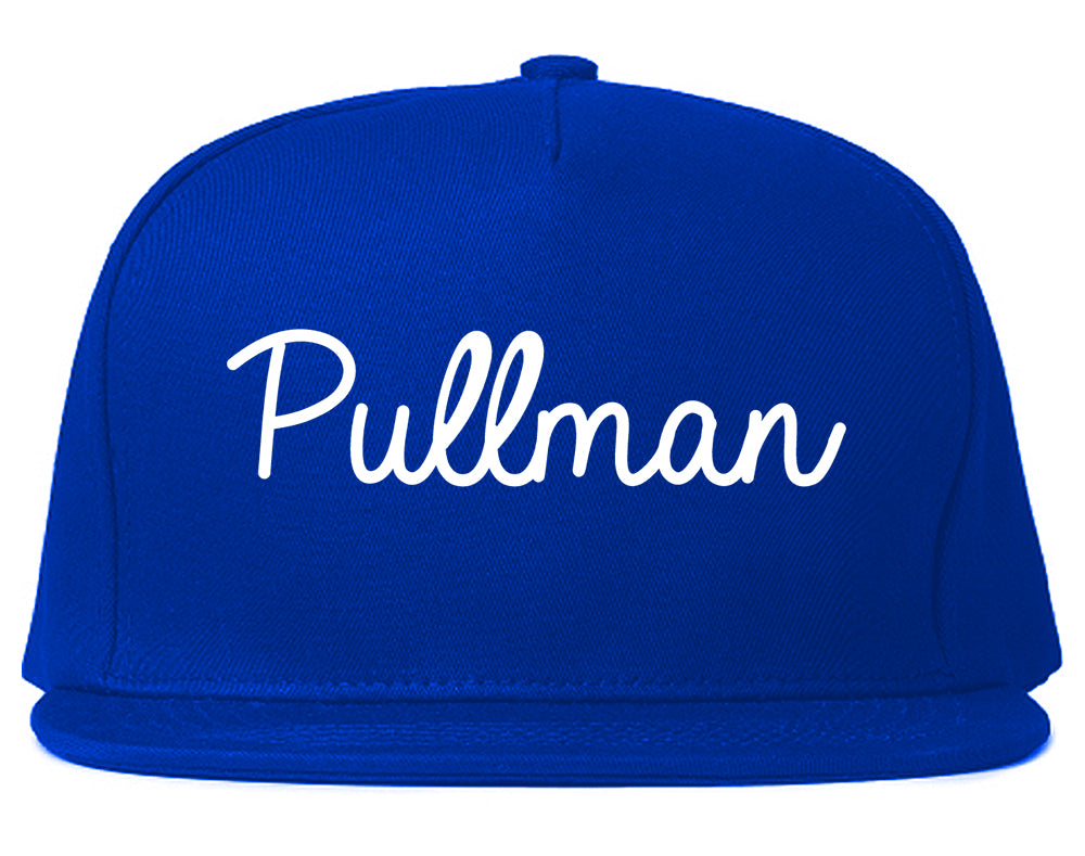 Pullman Washington WA Script Mens Snapback Hat Royal Blue