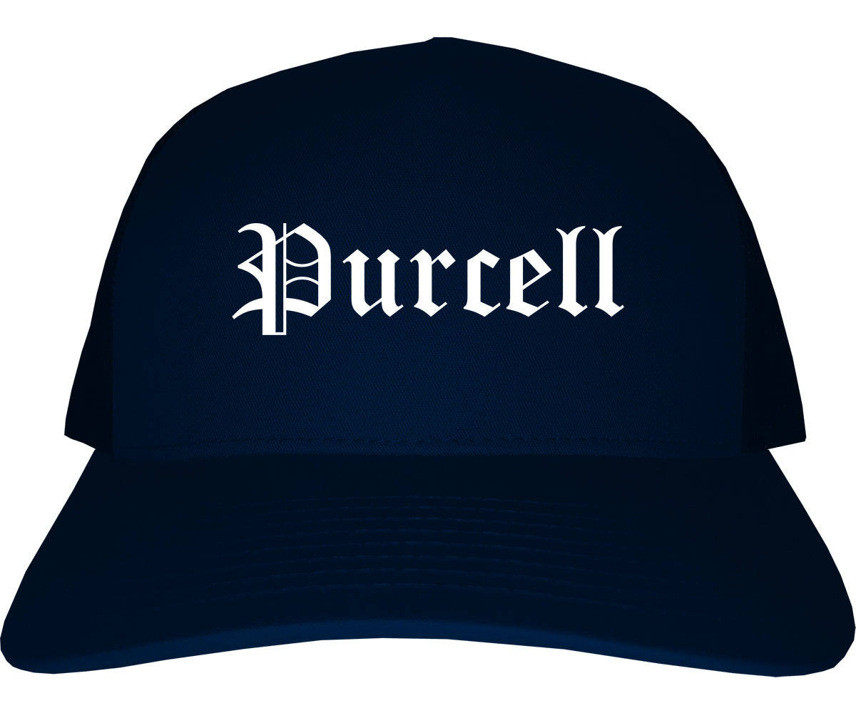 Purcell Oklahoma OK Old English Mens Trucker Hat Cap Navy Blue