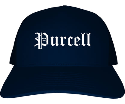 Purcell Oklahoma OK Old English Mens Trucker Hat Cap Navy Blue