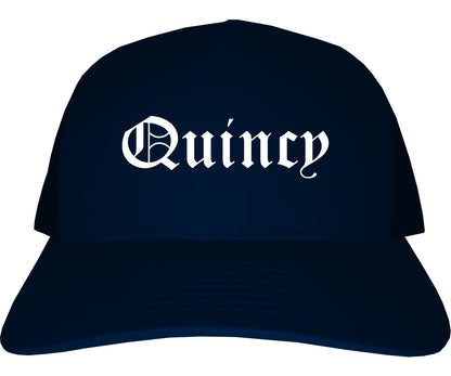 Quincy Florida FL Old English Mens Trucker Hat Cap Navy Blue
