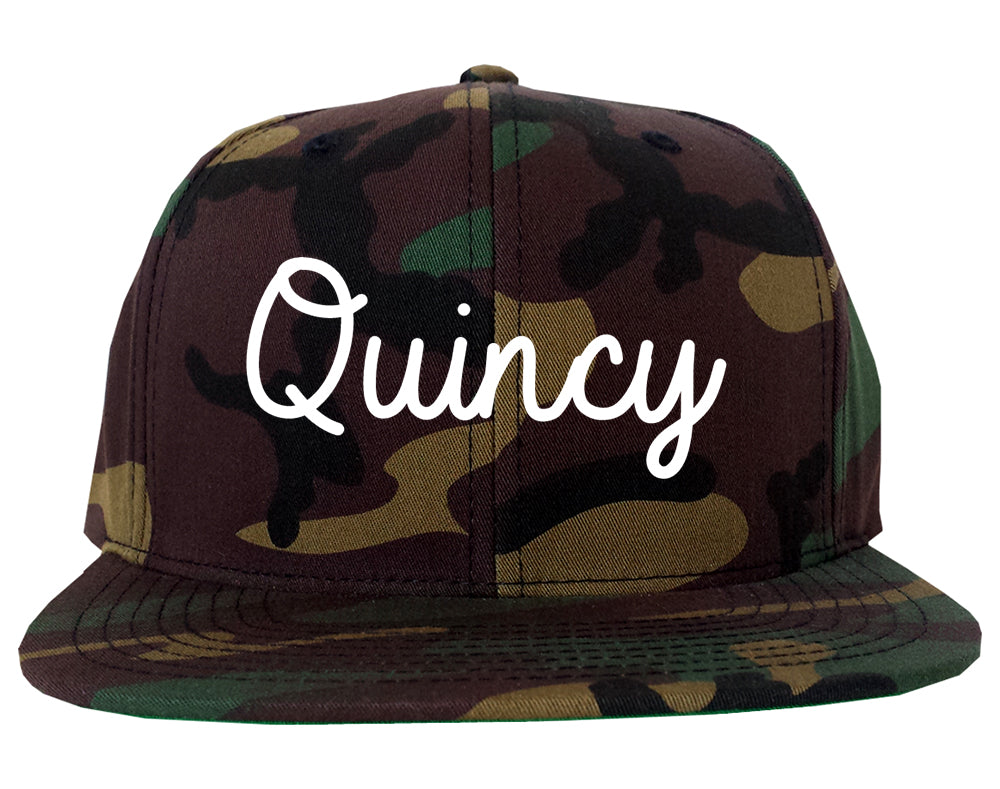 Quincy Massachusetts MA Script Mens Snapback Hat Army Camo