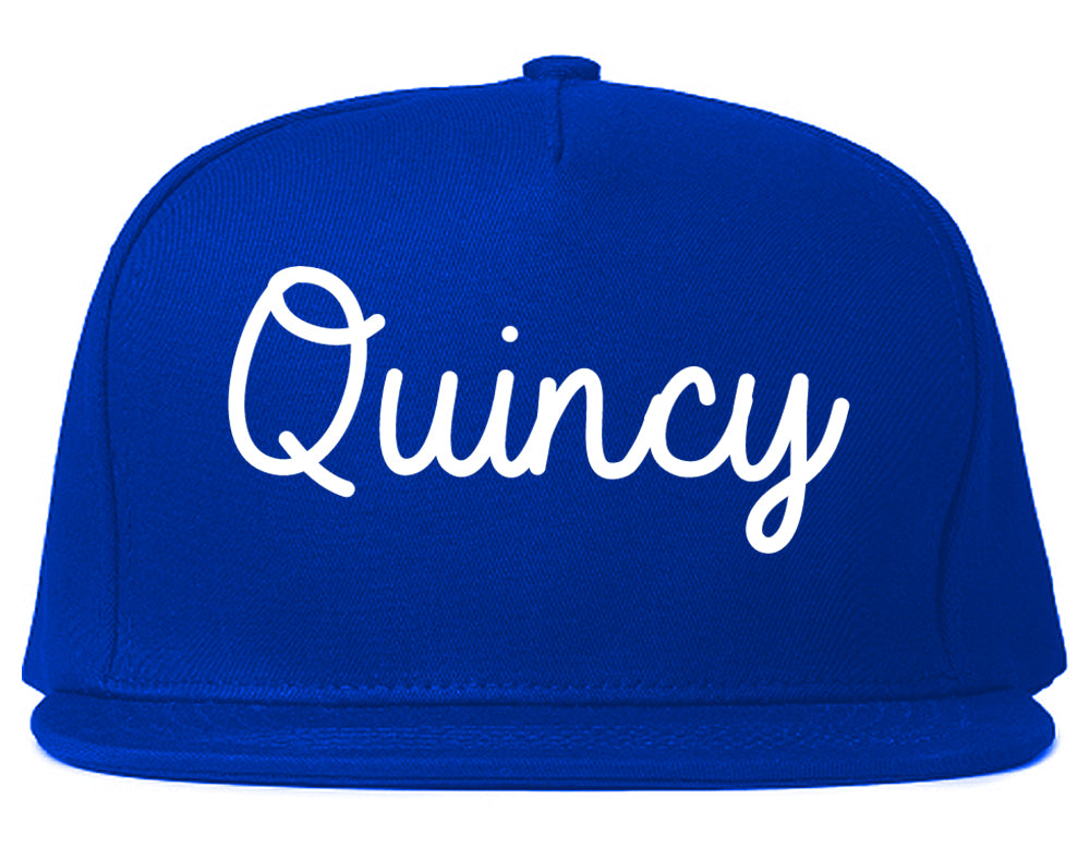 Quincy Massachusetts MA Script Mens Snapback Hat Royal Blue