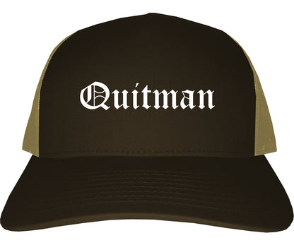 Quitman Georgia GA Old English Mens Trucker Hat Cap Brown