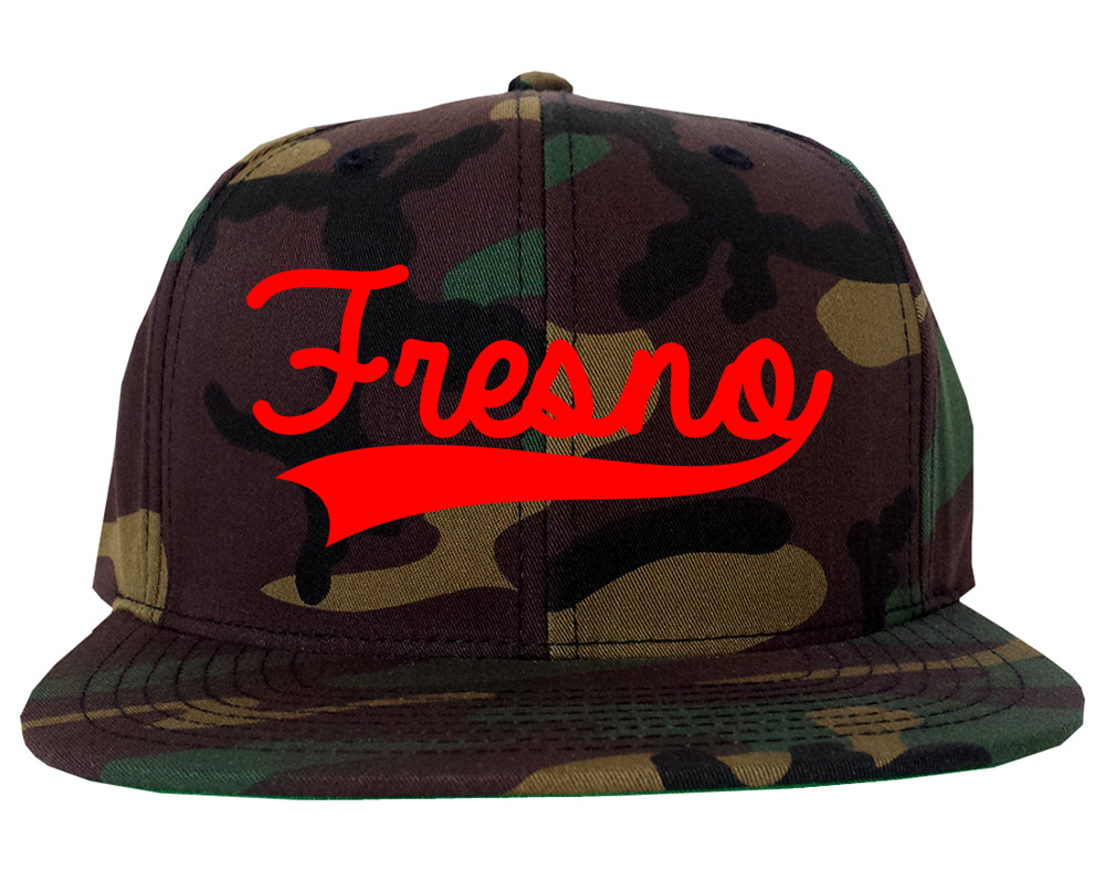 RED Fresno California Old School Varsity Logo Mens Snapback Hat Camo