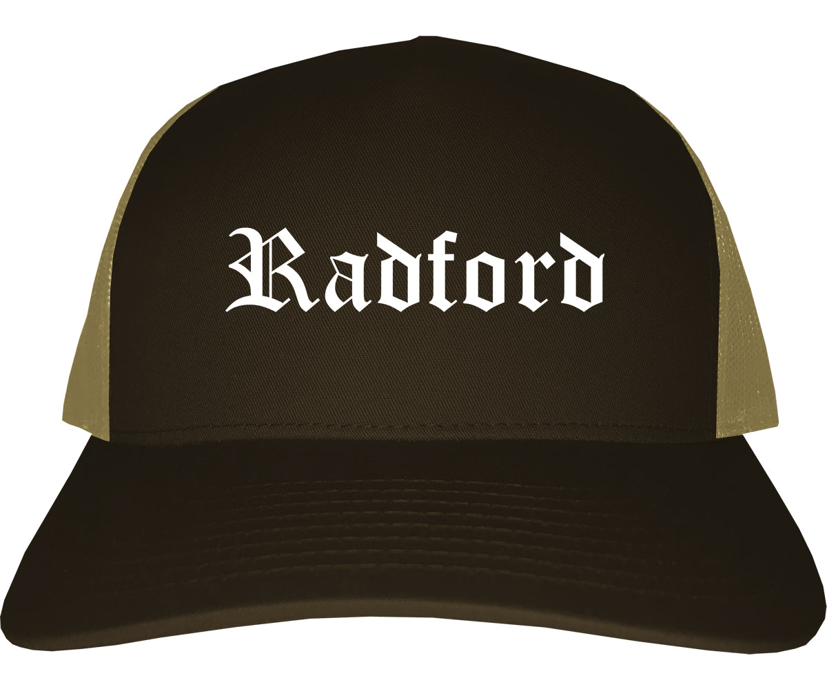 Radford Virginia VA Old English Mens Trucker Hat Cap Brown