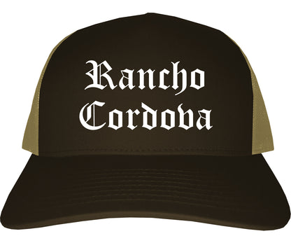Rancho Cordova California CA Old English Mens Trucker Hat Cap Brown