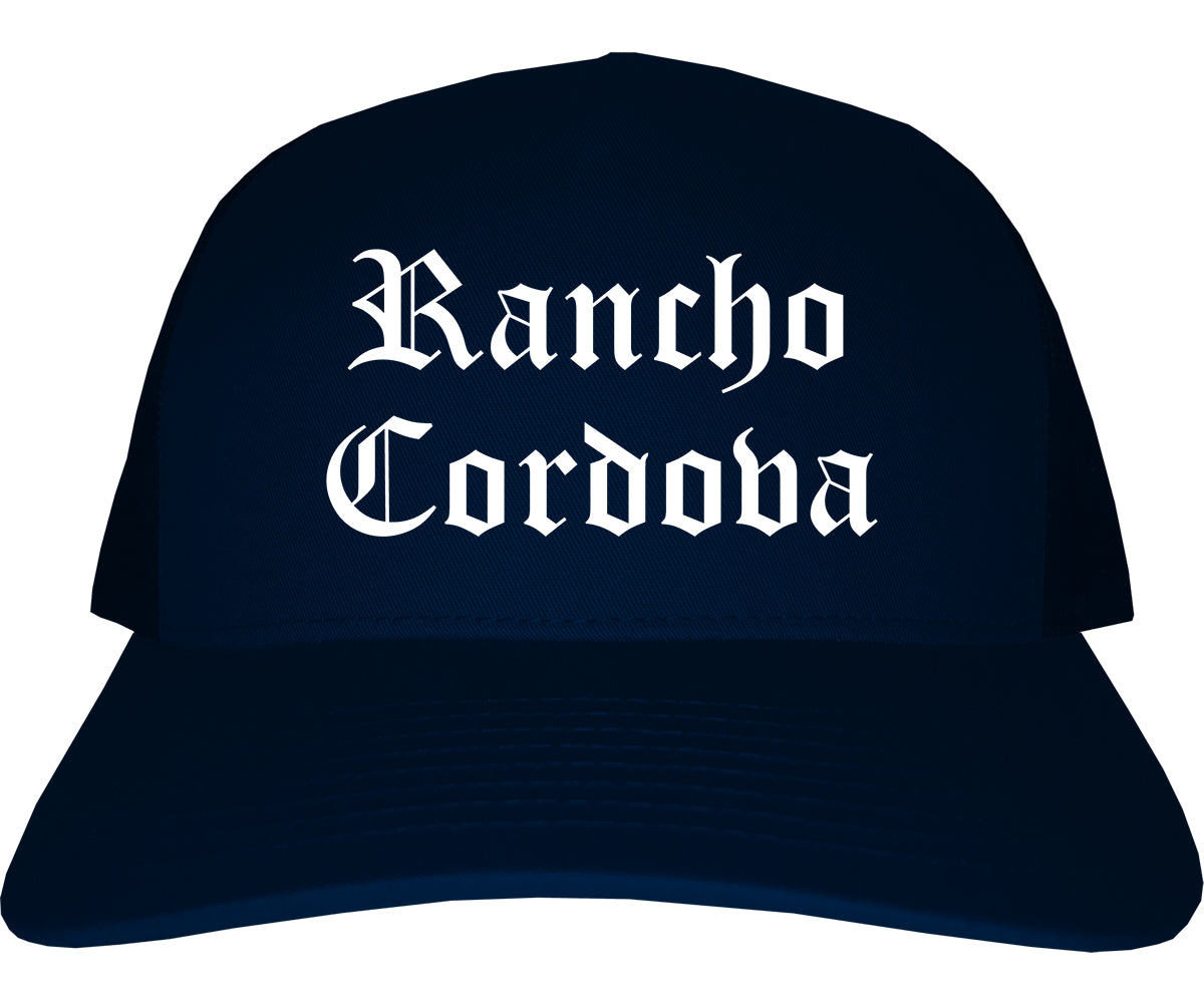 Rancho Cordova California CA Old English Mens Trucker Hat Cap Navy Blue