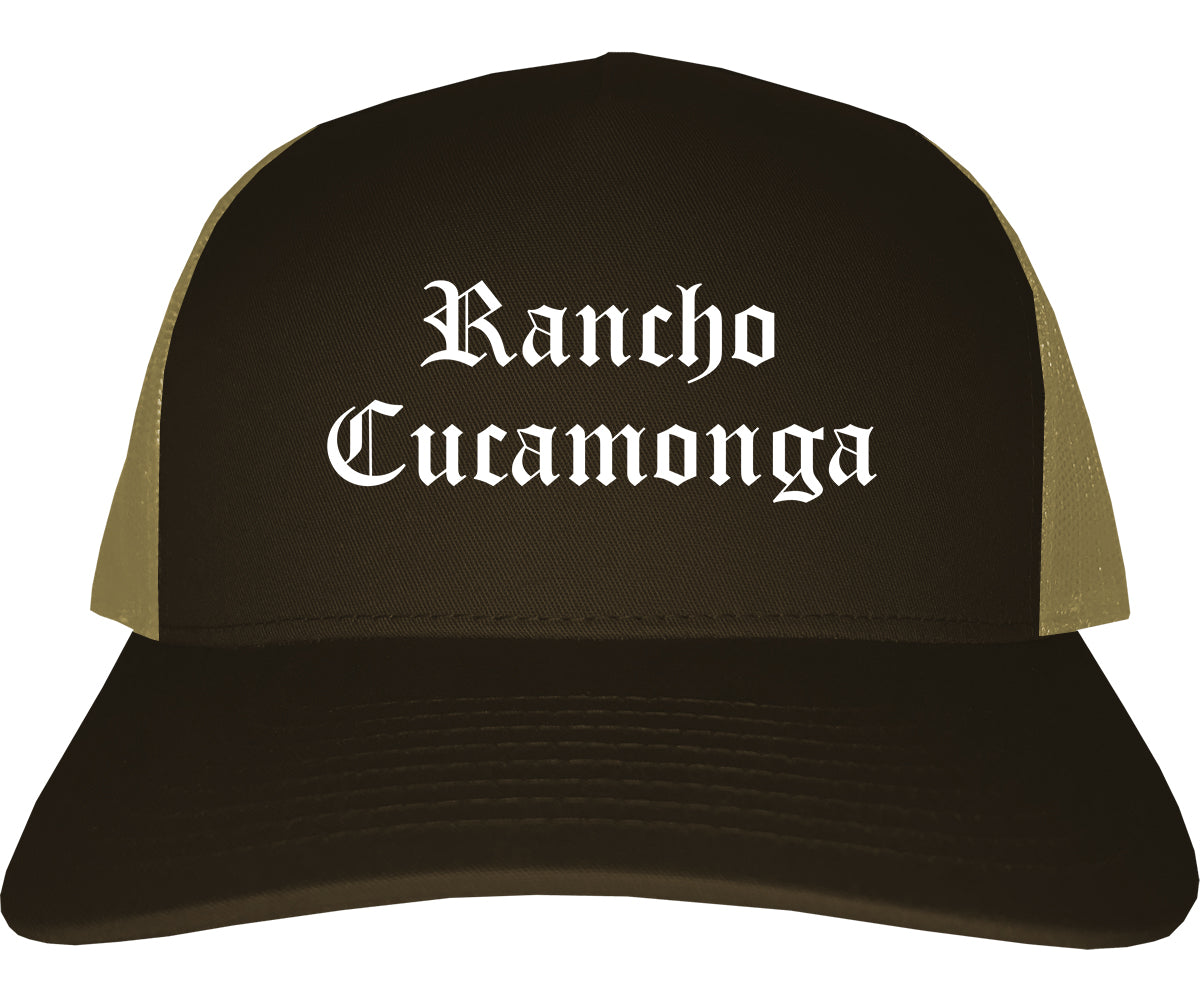 Rancho Cucamonga California CA Old English Mens Trucker Hat Cap Brown