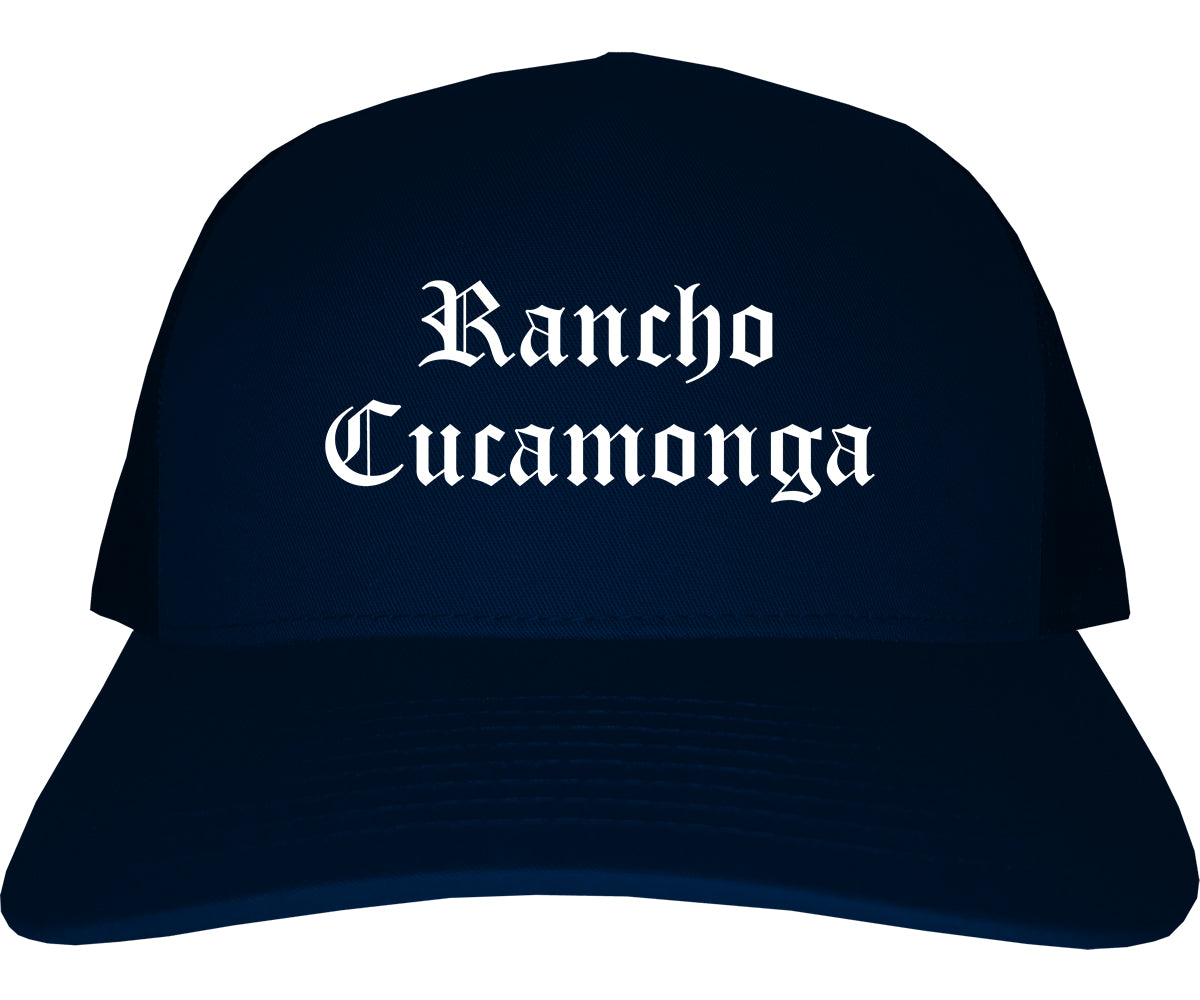 Rancho Cucamonga California CA Old English Mens Trucker Hat Cap Navy Blue