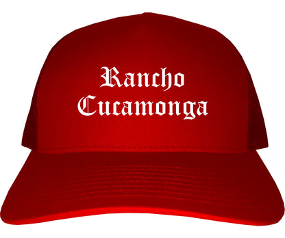 Rancho Cucamonga California CA Old English Mens Trucker Hat Cap Red