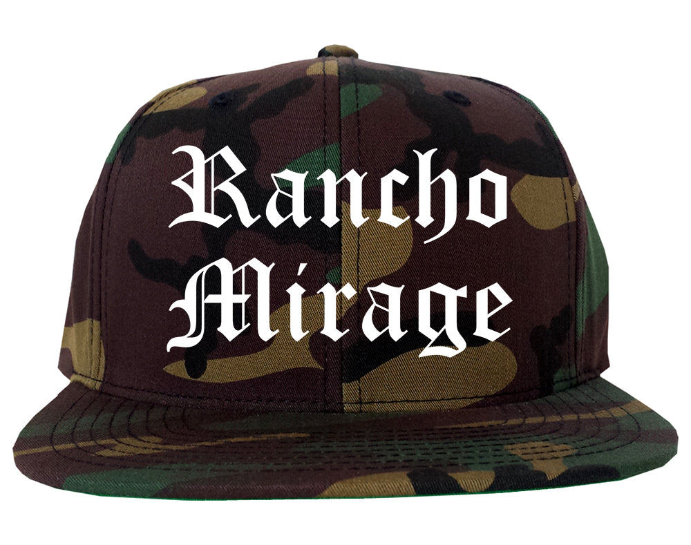 Rancho Mirage California CA Old English Mens Snapback Hat Army Camo