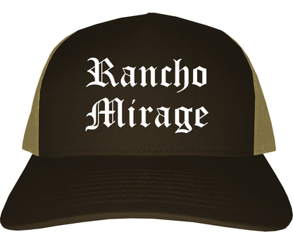 Rancho Mirage California CA Old English Mens Trucker Hat Cap Brown
