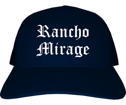 Rancho Mirage California CA Old English Mens Trucker Hat Cap Navy Blue