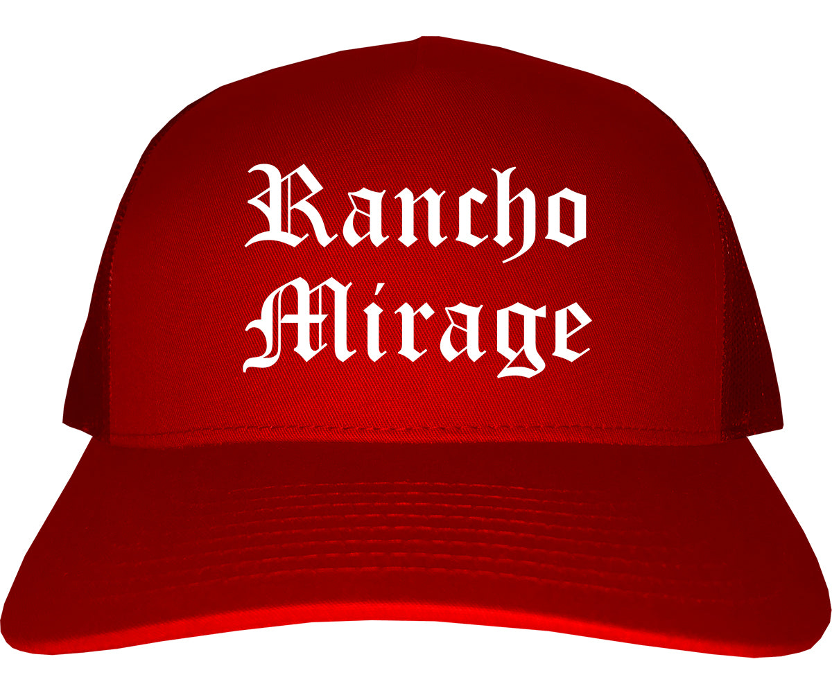 Rancho Mirage California CA Old English Mens Trucker Hat Cap Red
