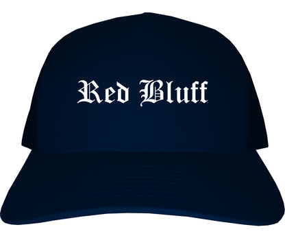 Red Bluff California CA Old English Mens Trucker Hat Cap Navy Blue