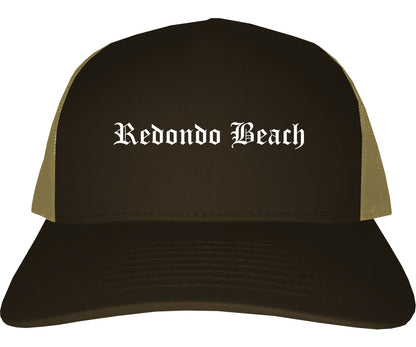 Redondo Beach California CA Old English Mens Trucker Hat Cap Brown