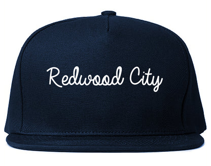 Redwood City California CA Script Mens Snapback Hat Navy Blue