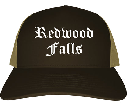 Redwood Falls Minnesota MN Old English Mens Trucker Hat Cap Brown