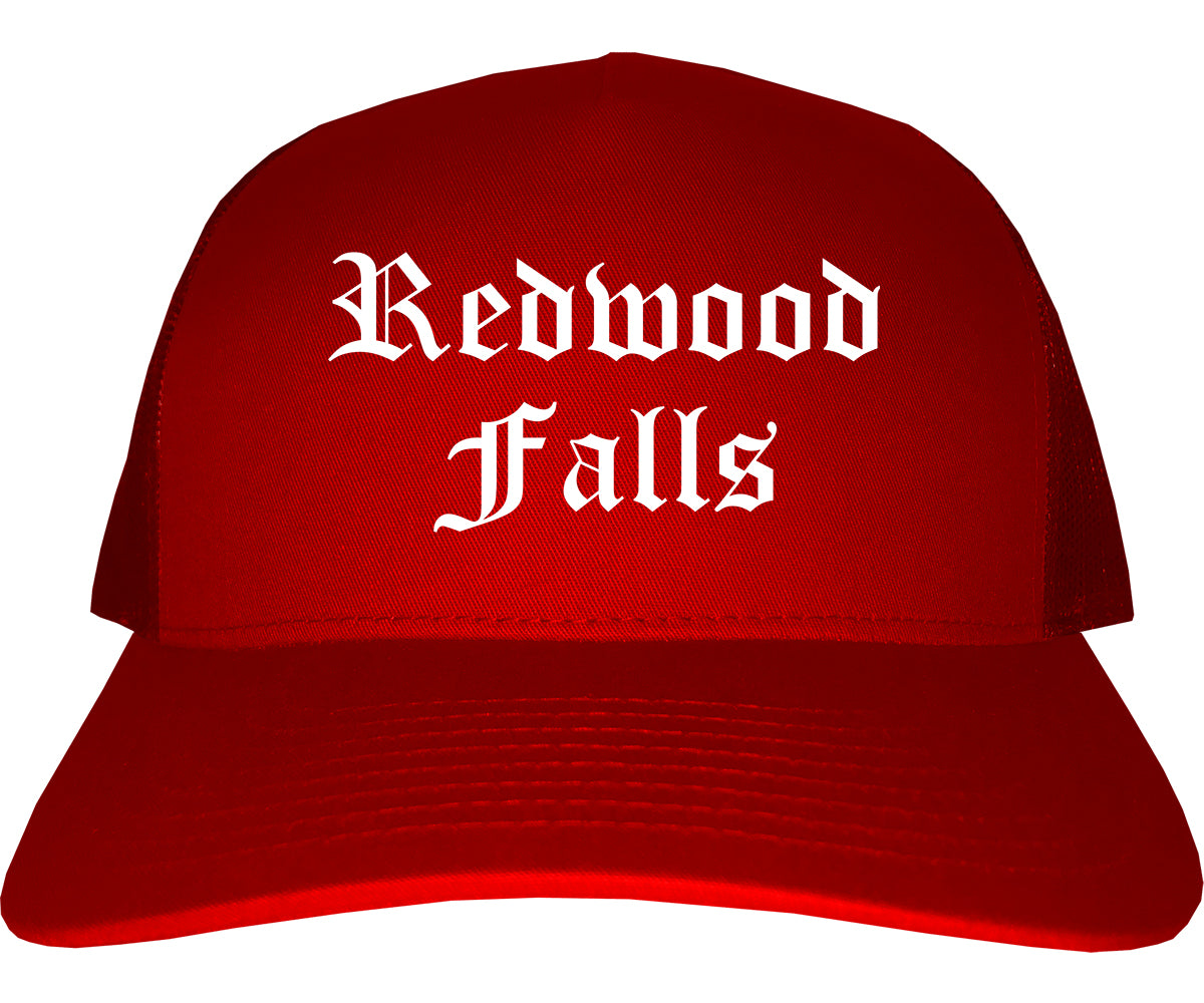 Redwood Falls Minnesota MN Old English Mens Trucker Hat Cap Red