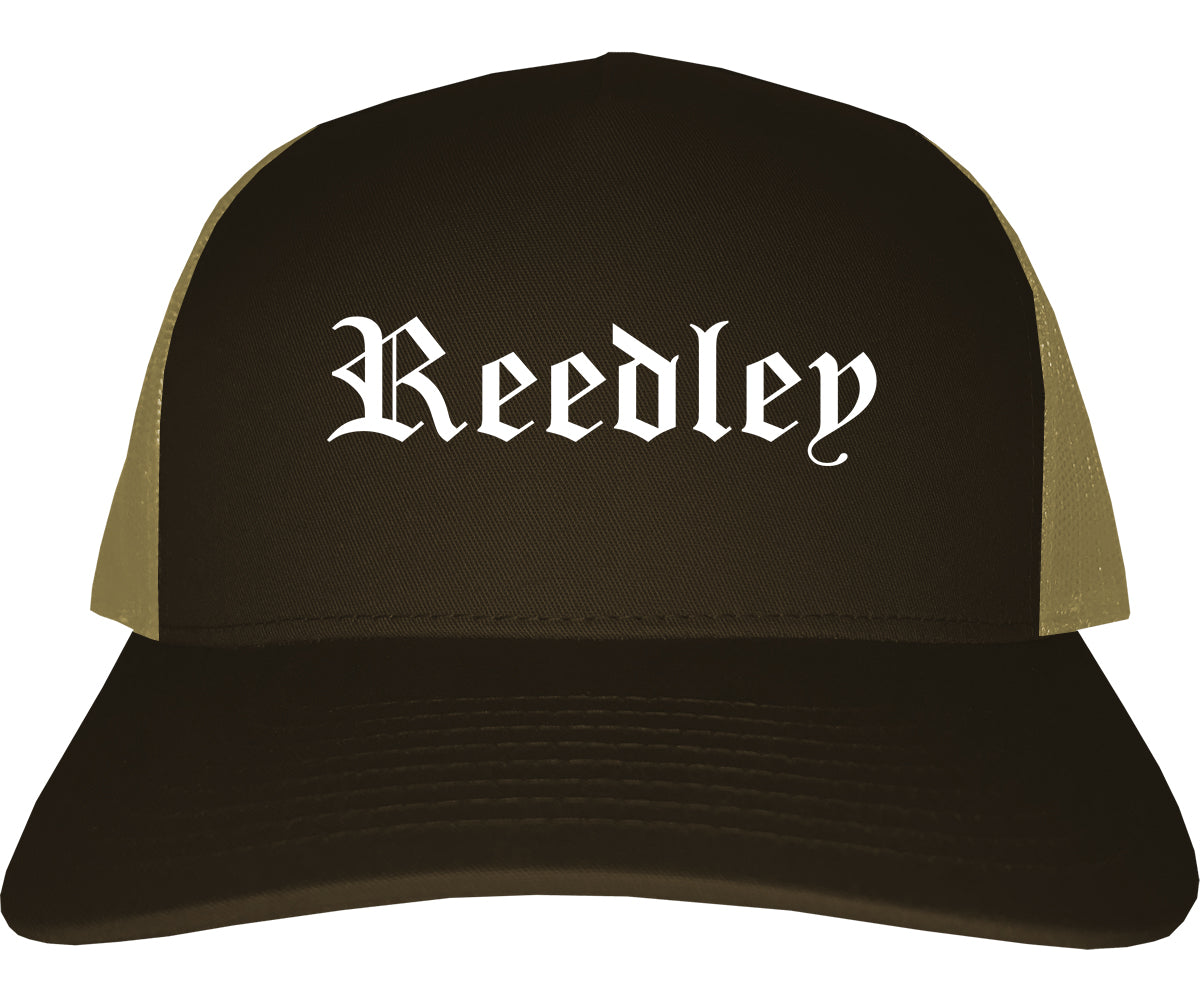 Reedley California CA Old English Mens Trucker Hat Cap Brown
