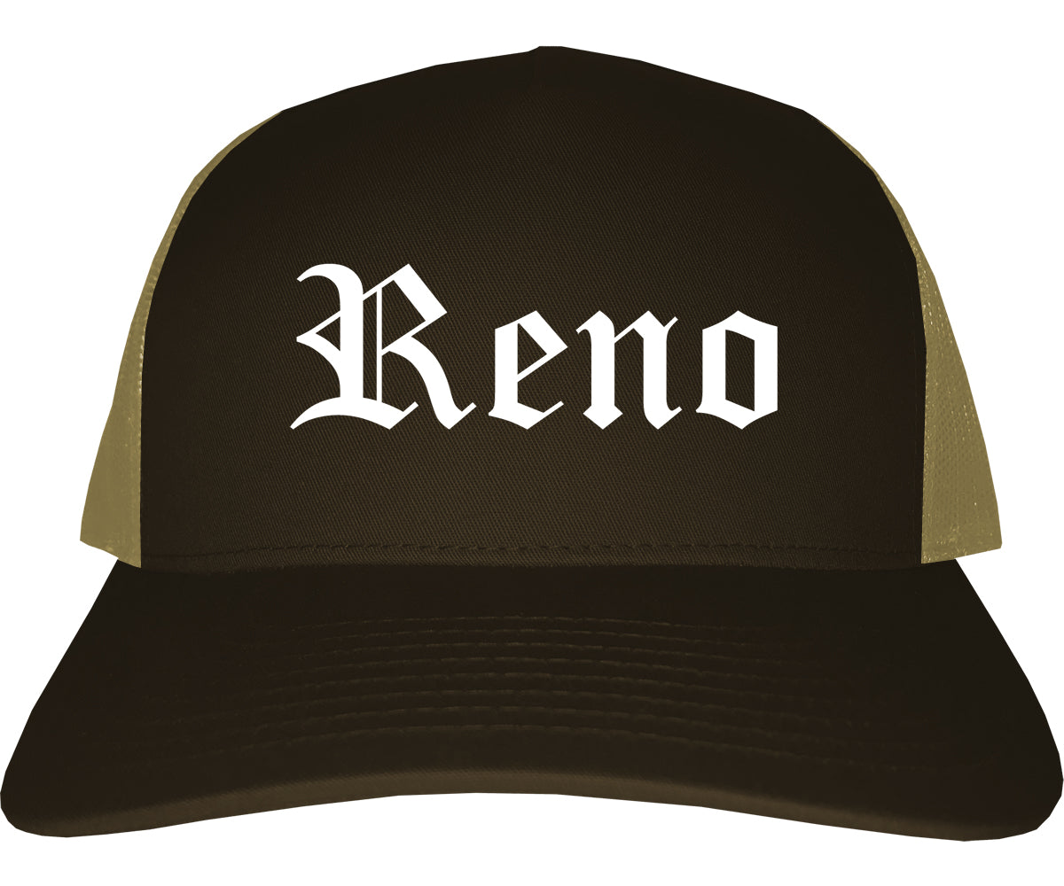 Reno Nevada NV Old English Mens Trucker Hat Cap Brown