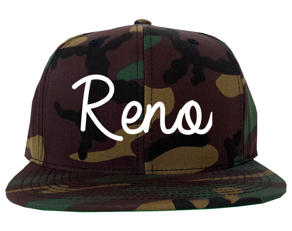 Reno Nevada NV Script Mens Snapback Hat Army Camo