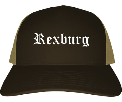 Rexburg Idaho ID Old English Mens Trucker Hat Cap Brown