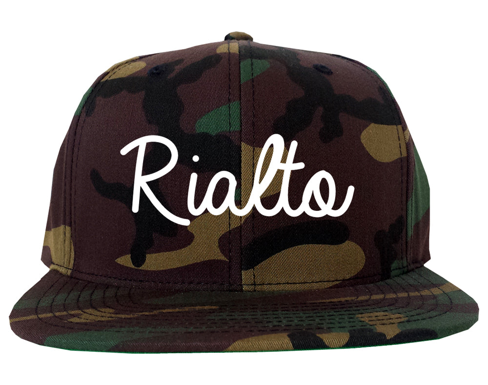Rialto California CA Script Mens Snapback Hat Army Camo