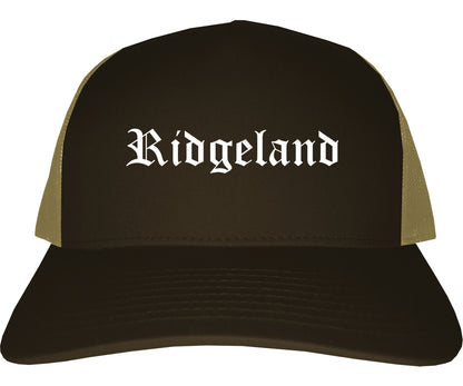 Ridgeland Mississippi MS Old English Mens Trucker Hat Cap Brown