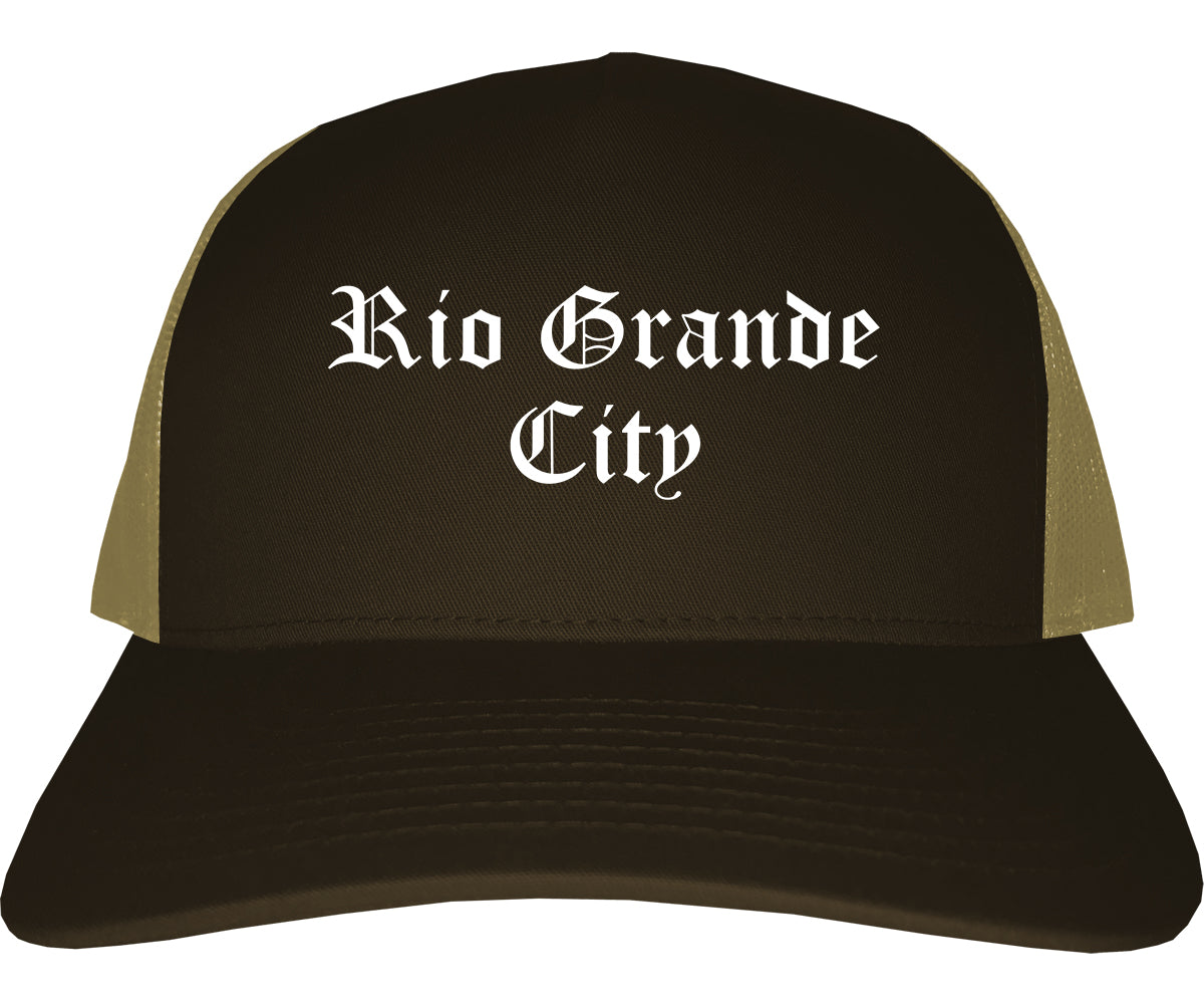 Rio Grande City Texas TX Old English Mens Trucker Hat Cap Brown