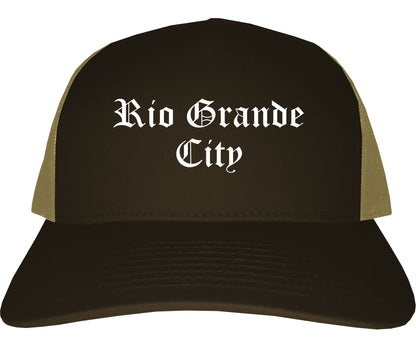 Rio Grande City Texas TX Old English Mens Trucker Hat Cap Brown