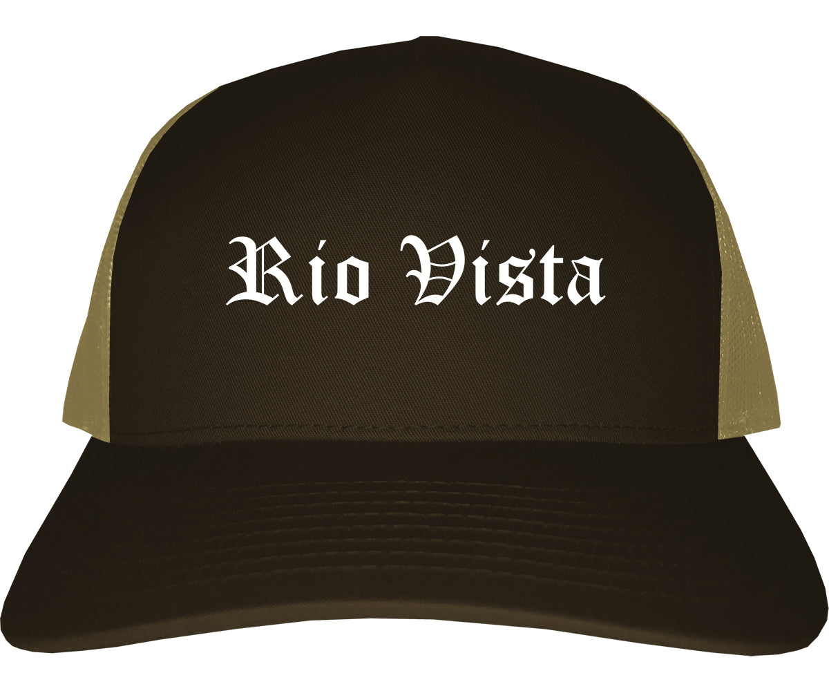 Rio Vista California CA Old English Mens Trucker Hat Cap Brown