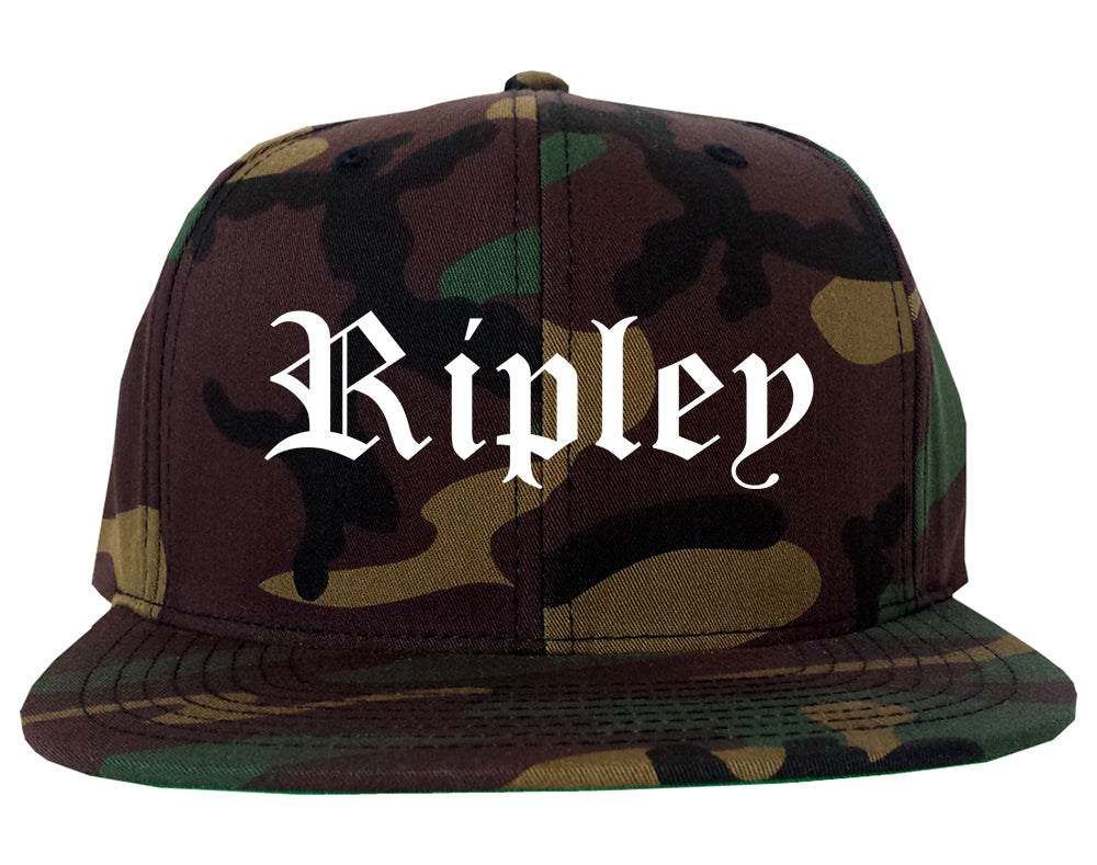 Ripley Mississippi MS Old English Mens Snapback Hat Army Camo