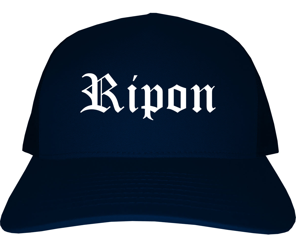 Ripon California CA Old English Mens Trucker Hat Cap Navy Blue