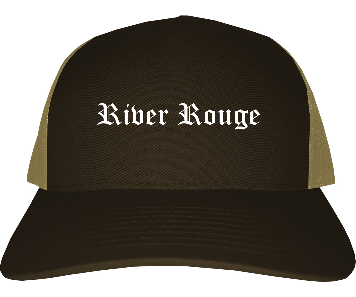 River Rouge Michigan MI Old English Mens Trucker Hat Cap Brown