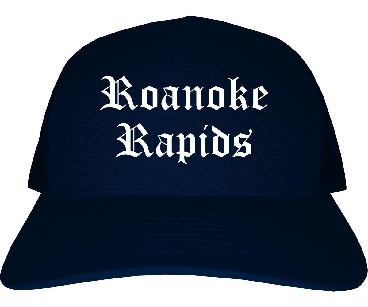 Roanoke Rapids North Carolina NC Old English Mens Trucker Hat Cap Navy Blue