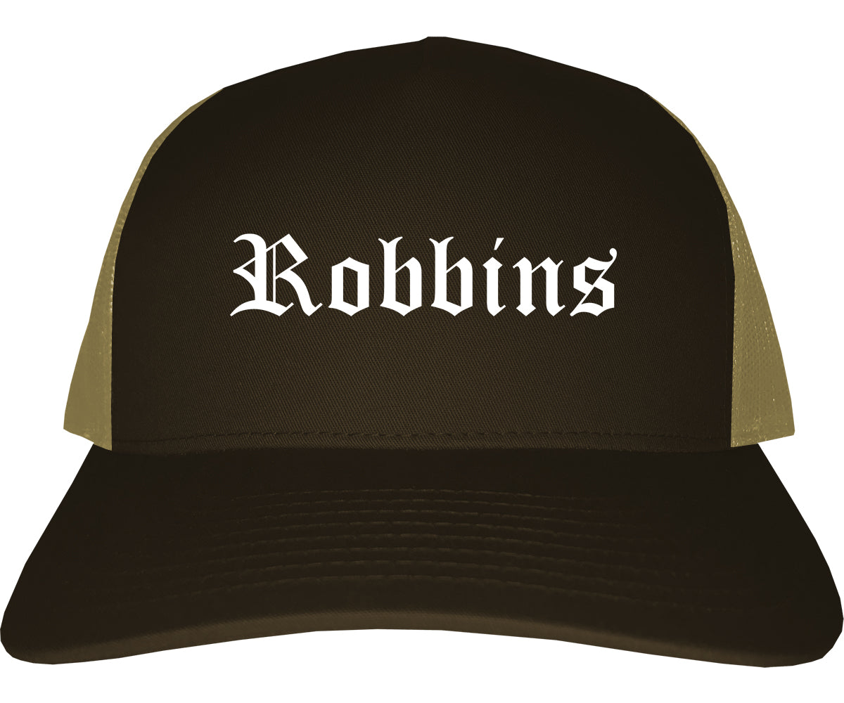 Robbins Illinois IL Old English Mens Trucker Hat Cap Brown