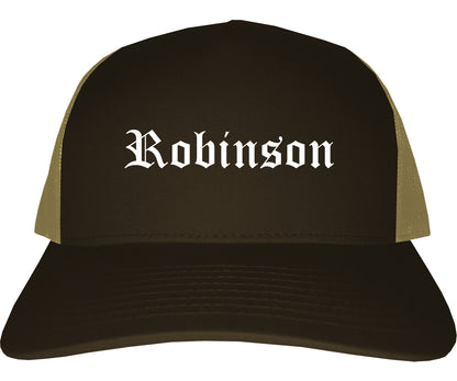 Robinson Illinois IL Old English Mens Trucker Hat Cap Brown