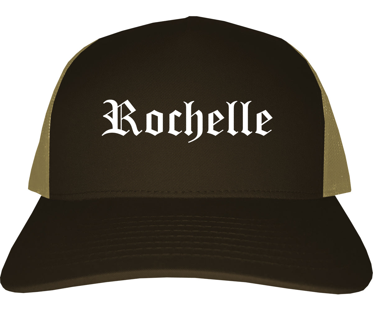 Rochelle Illinois IL Old English Mens Trucker Hat Cap Brown