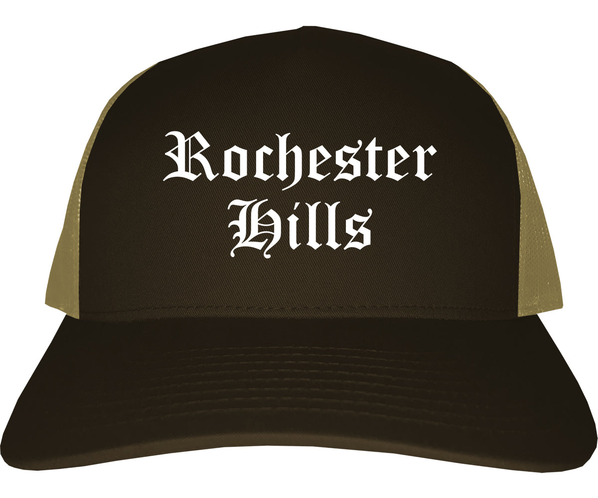 Rochester Hills Michigan MI Old English Mens Trucker Hat Cap Brown