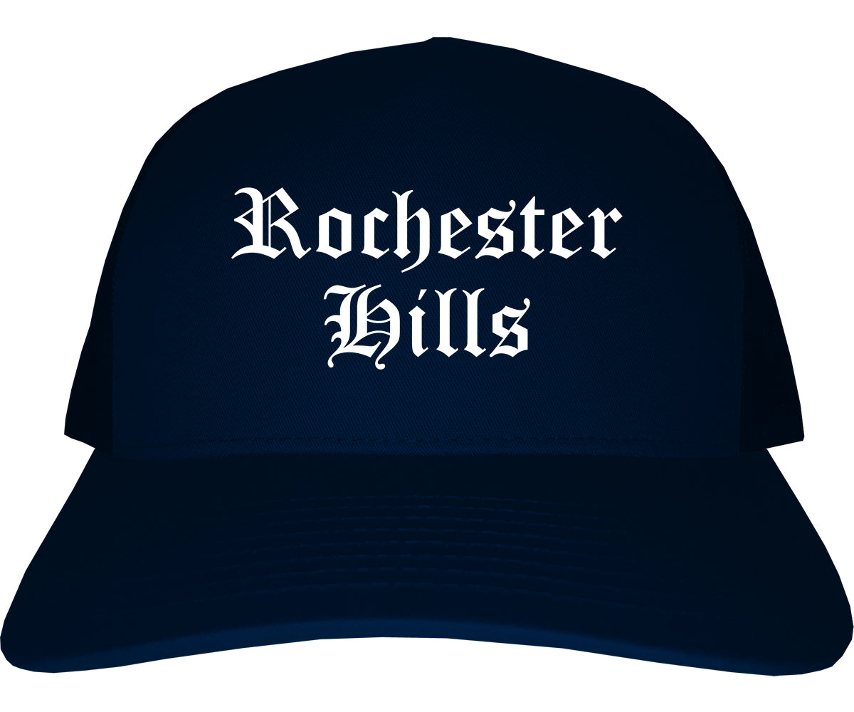Rochester Hills Michigan MI Old English Mens Trucker Hat Cap Navy Blue