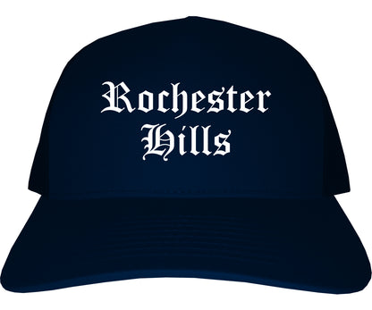 Rochester Hills Michigan MI Old English Mens Trucker Hat Cap Navy Blue
