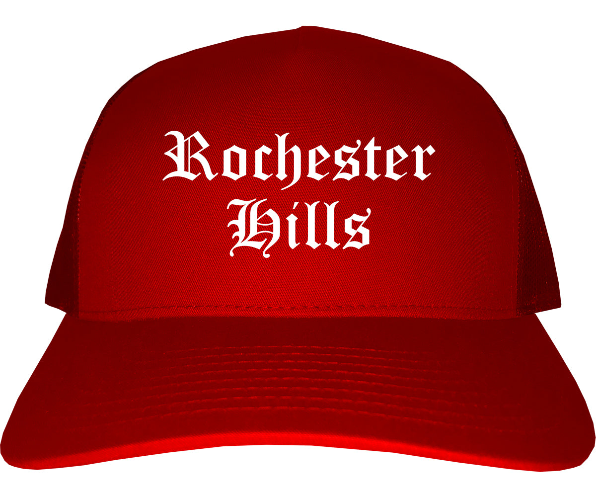 Rochester Hills Michigan MI Old English Mens Trucker Hat Cap Red