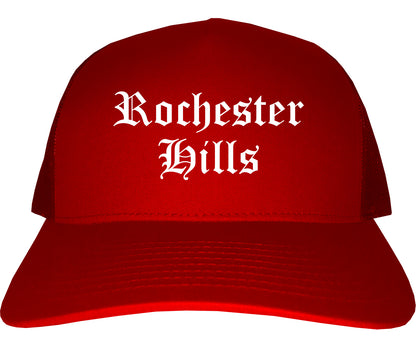 Rochester Hills Michigan MI Old English Mens Trucker Hat Cap Red